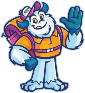 The Pinnacle yeti climber mascot waving