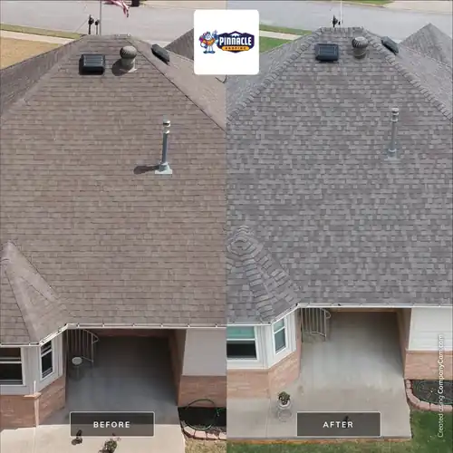 Before and after drone composite of a roof replacement, brown roof