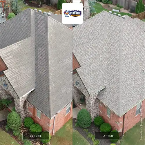 Before and after drone composite of a roof replacement, grey roof over brick